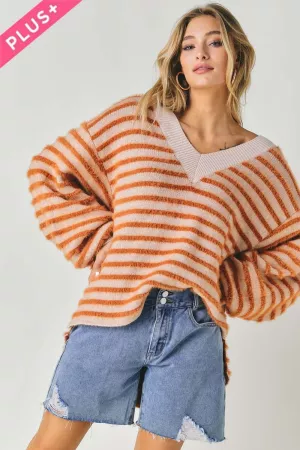 wholesale clothing plus stripe v neck long sleeve sweater davi & dani