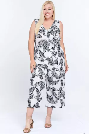 wholesale clothing plus palm leaf print cropped wide leg jumpsuit. davi & dani