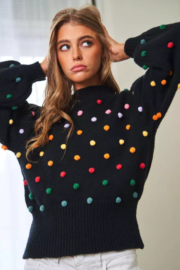 wholesale clothing rainbow pompom mock neck long sleeve sweater davi & dani