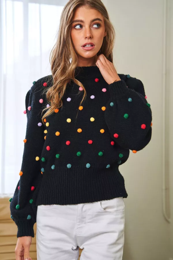 wholesale clothing rainbow pompom mock neck long sleeve sweater davi & dani