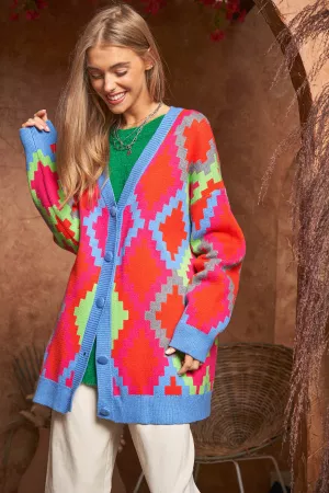 wholesale clothing multi colors geo mixed button front knit cardigan davi & dani