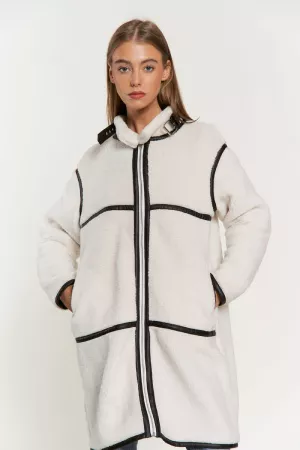 wholesale clothing faux leather contrast binding trim sherpa coat davi & dani