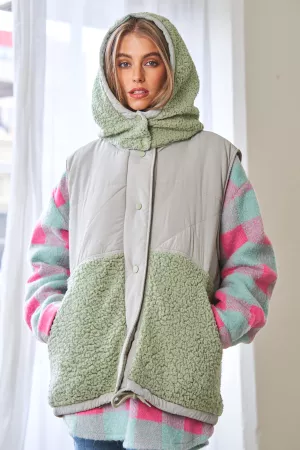 wholesale clothing sherpa fleece quilting hood hem cozy vest jacket davi & dani
