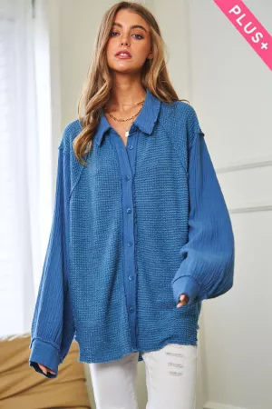 wholesale clothing plus knit tringe hem detail button down shirt top davi & dani