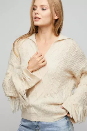 wholesale clothing solid fringe v neck long sleeve knit sweater top davi & dani