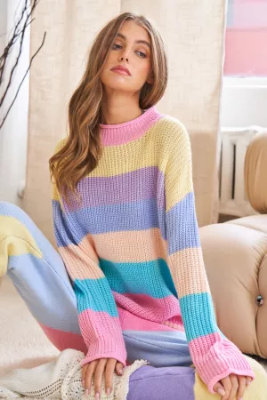 wholesale clothing multi color striped mock neck long sleeve sweater davi & dani