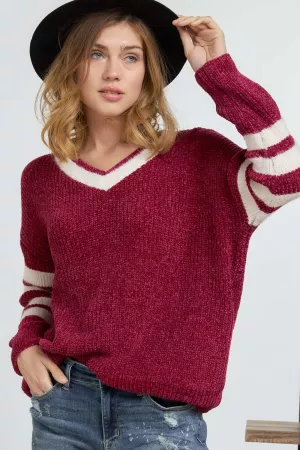 wholesale clothing v neck sleeve striped accent cozy knit sweater top davi & dani
