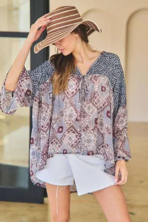 wholesale clothing vintage print v neck loose fit ruffled top blouse davi & dani