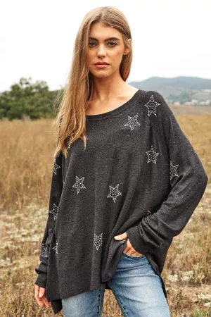 wholesale clothing star beaded round neck loose fit long sleeve top davi & dani