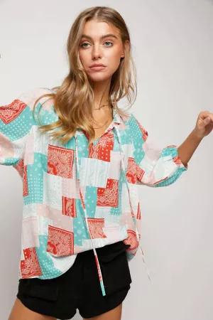 wholesale clothing color block pattern printed ruffle elastic blouse davi & dani