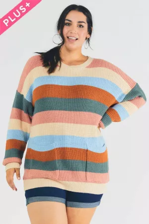 wholesale clothing plus multi stripe round neck long sleeve sweater davi & dani
