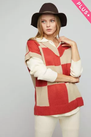 wholesale clothing plus multicolor checkered v neck casual knit vest davi & dani