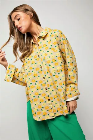 wholesale clothing retro floral denim button front relaxed fit shirt davi & dani