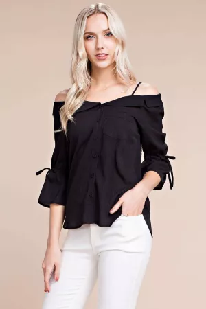 wholesale clothing cinched wide collar button down textured top davi & dani