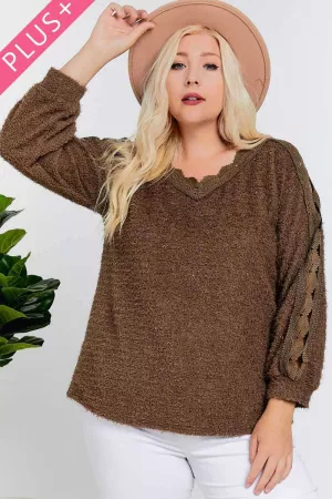 wholesale clothing plus solid fuzzy v neck long sleeve knit sweater davi & dani
