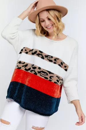 wholesale clothing color block leopard long sleeve sweater top davi & dani
