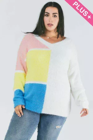 wholesale clothing plus half color block v neck long sleeve sweater davi & dani