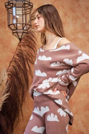 wholesale clothing cloud print round neck loose fit knit sweater top davi & dani