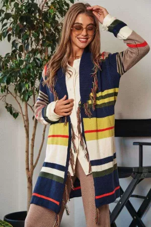 wholesale clothing fringe trim waist tie belt multi striped cardigan davi & dani