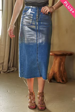 wholesale clothing plus distressed hem half foil coated denim skirt davi & dani