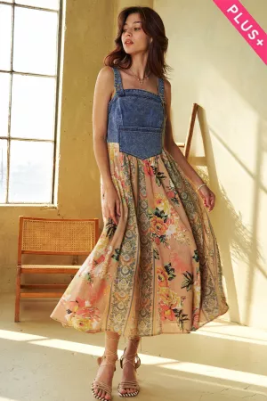 wholesale clothing plus floral stripe skirt denim bodice midi dress davi & dani