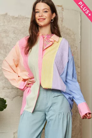 wholesale clothing plus multi stripe patched button front shirt top davi & dani