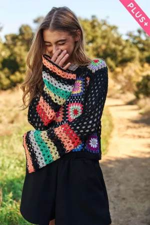 wholesale clothing plus crochet striped sleeve cropped knit sweater davi & dani