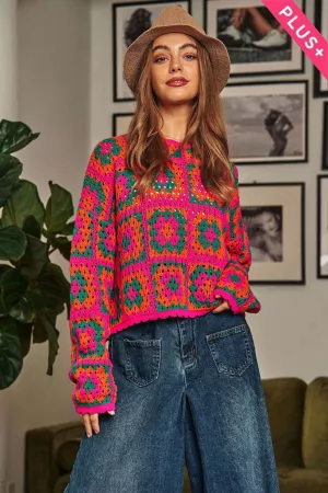 wholesale clothing plus crochet patchwork round neck pullover sweater davi & dani