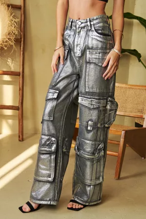 wholesale clothing metallic zip front wide leg cargo pants in silver davi & dani