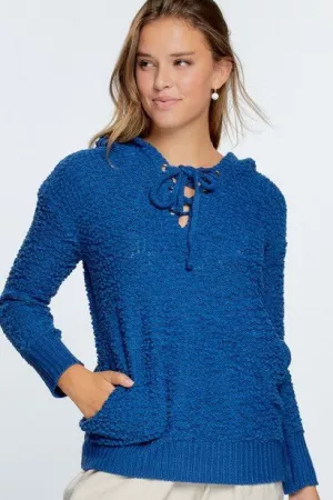 wholesale clothing soild cozy knit lace up neckline hoodie sweater davi & dani