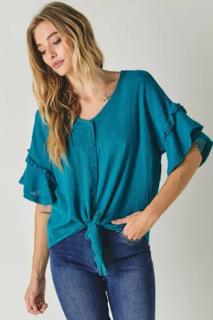 wholesale clothing solid v neck button down ruffle sleeve top davi & dani