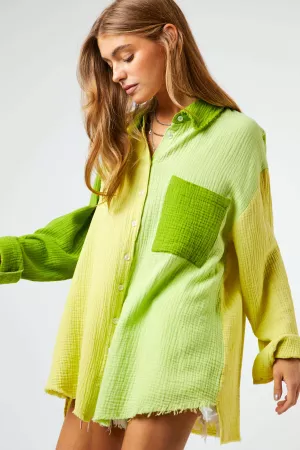 wholesale clothing color blocked fringed button front shirt top davi & dani