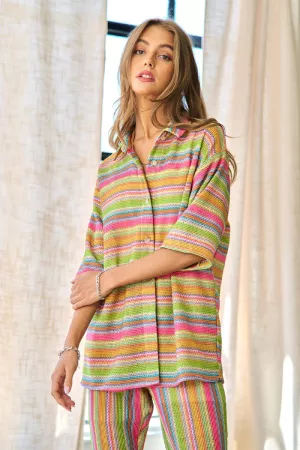 wholesale clothing multi striped crochet button up mid shirt top davi & dani