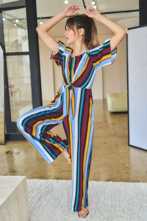 wholesale clothing color block stripe ruched cutout back jumpsuit davi & dani