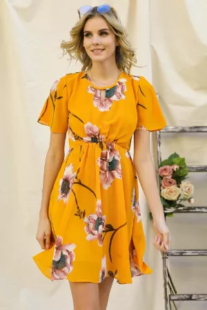 wholesale clothing floral print flared short sleeve round neck dress davi & dani