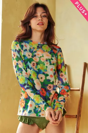 wholesale clothing plus flower print mesh round neck long sleeve top davi & dani