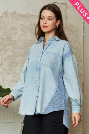 wholesale clothing plus long sleeve button down denim shirt top davi & dani