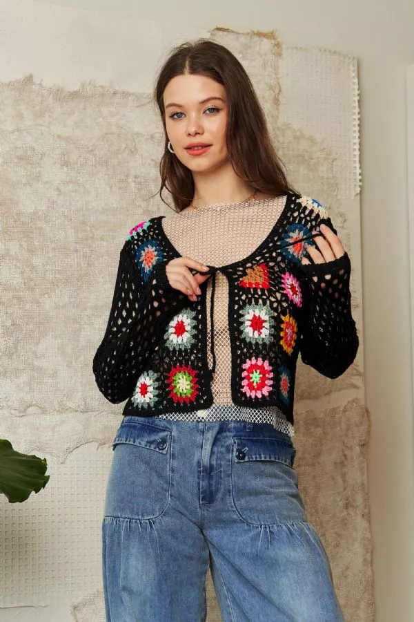 wholesale clothing crochet floral long sleeve tie front cardigan davi & dani