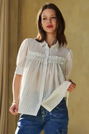 wholesale clothing textured puff sleeve button down shirt blouse top davi & dani