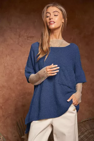 wholesale clothing solid round neck midi sleeve loose top sweater davi & dani