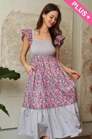 wholesale clothing plus floral stripe smocked bodice sleeve dress davi & dani