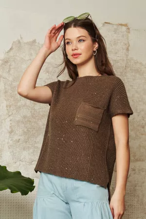 wholesale clothing sequin mock neck short sleeve knit sweater vest davi & dani