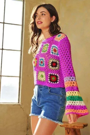 wholesale clothing plus crochet striped sleeve cropped knit sweater davi & dani