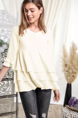 wholesale clothing solid tiered accent 3/4 sleeve blouse top davi & dani