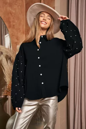 wholesale clothing stone embellished sleeve button front shirt top davi & dani