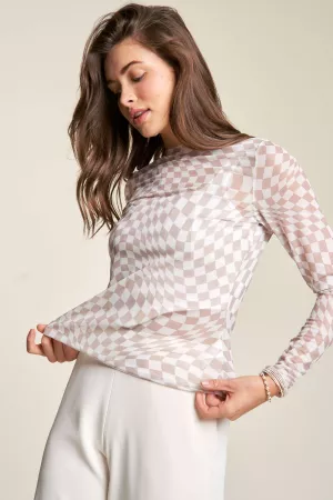wholesale clothing checker board printed mesh long sleeve top davi & dani