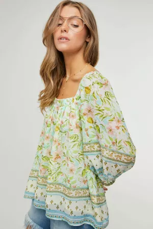 wholesale clothing boho floral border square neck blouson blouse top davi & dani