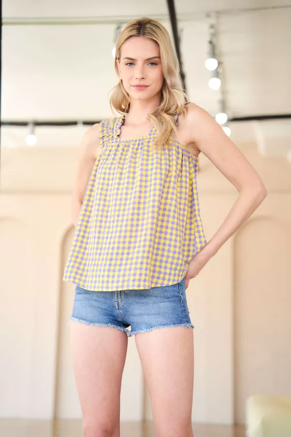 Jacquard Dotted Lace Shirred Straps Summer Top - Davi & Dani