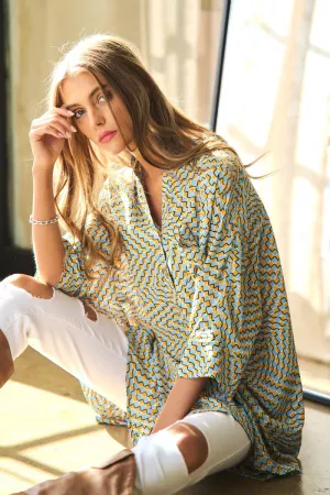 wholesale clothing geo printed relaxed fit flowy button down shirt davi & dani