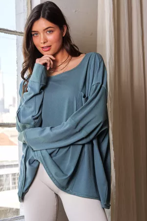 wholesale clothing solid thumbhole chest pocket loose fit knit top davi & dani